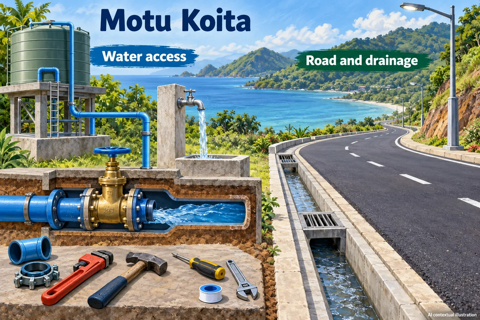 AI concept of Motu and Koitabu village water, road and drainage services.