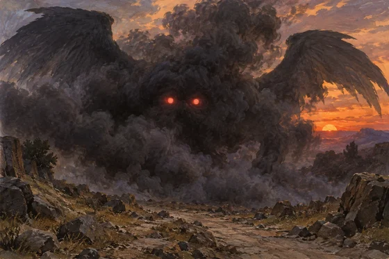 Unofficial AI interpretation of the Rak approaching in its dark smoke, with two glowing red eyes. Smoke-veiled body and wing silhouettes, colouring, scale and landscape are imagined; this does not claim an exact canonical body plan.