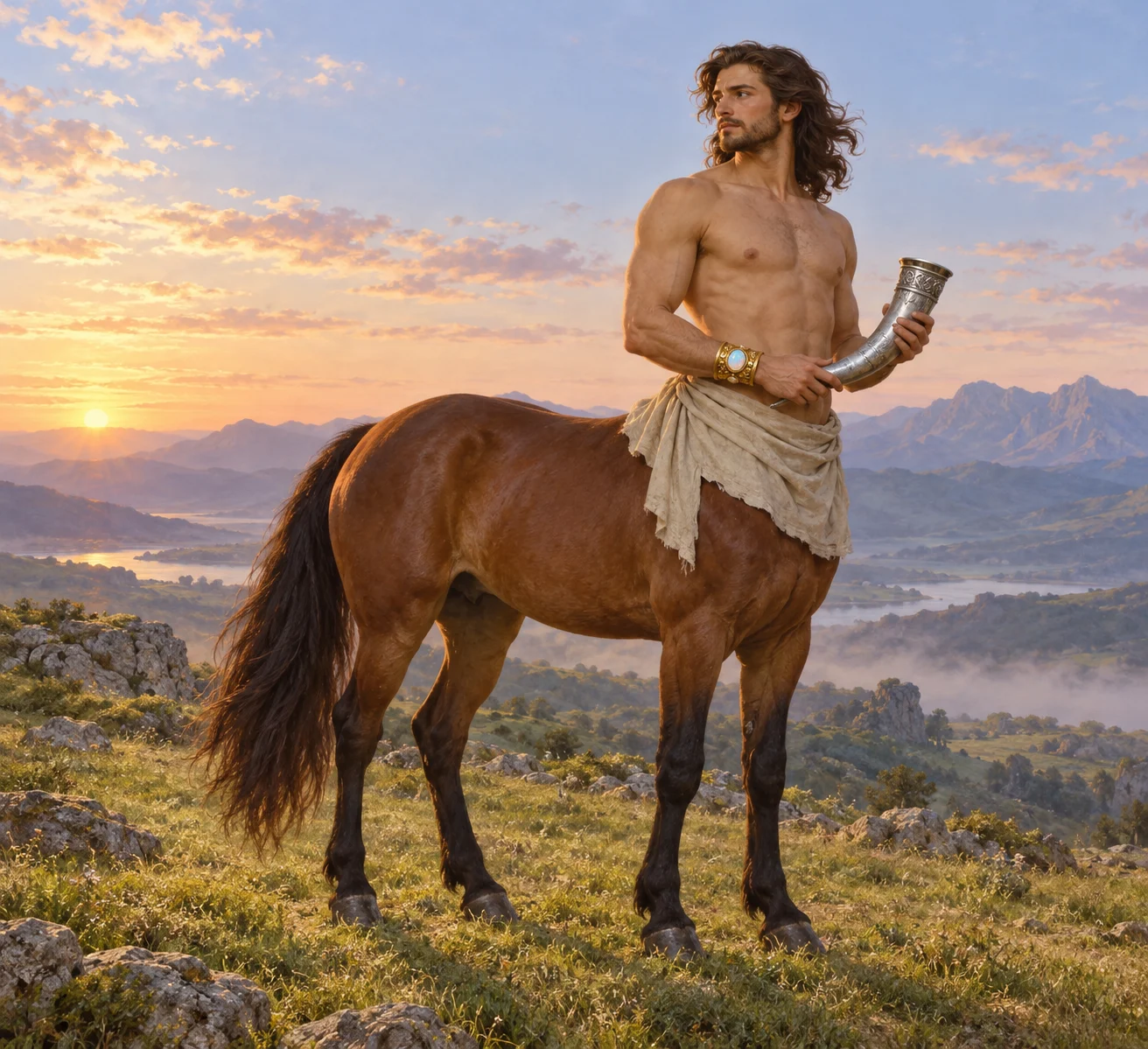 An imagined complete centaur with an opal-set gold wrist amulet and silver horn.