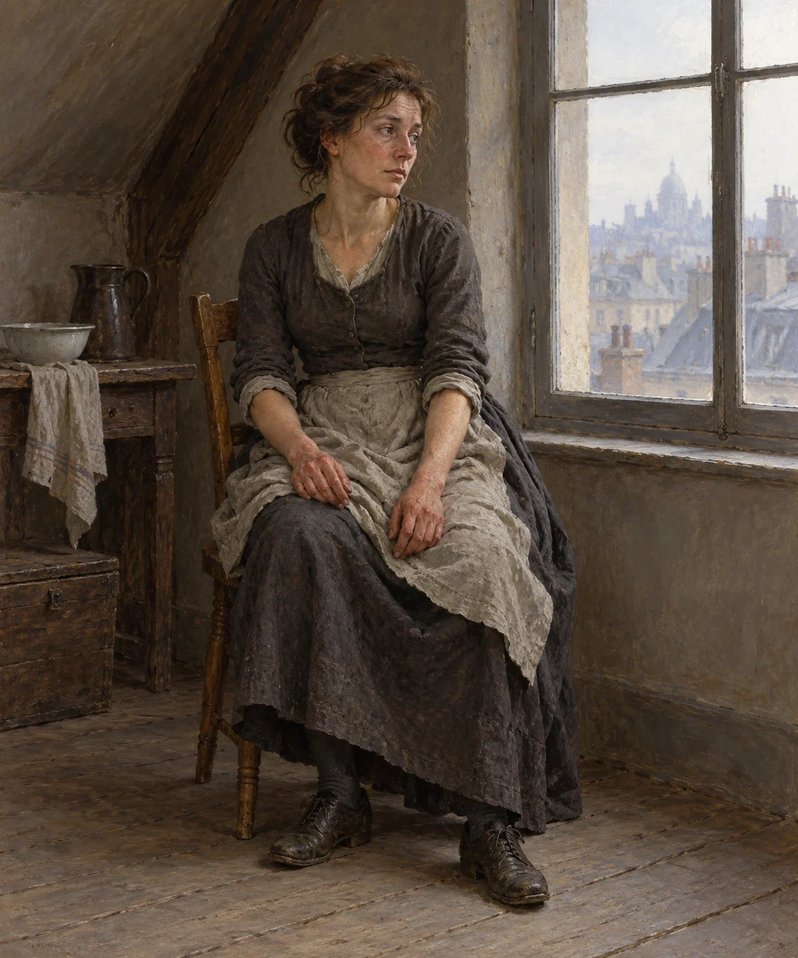 AI interpretation of Mathilde Loisel during the repayment years, with red hands and plain working clothes beside an attic window.