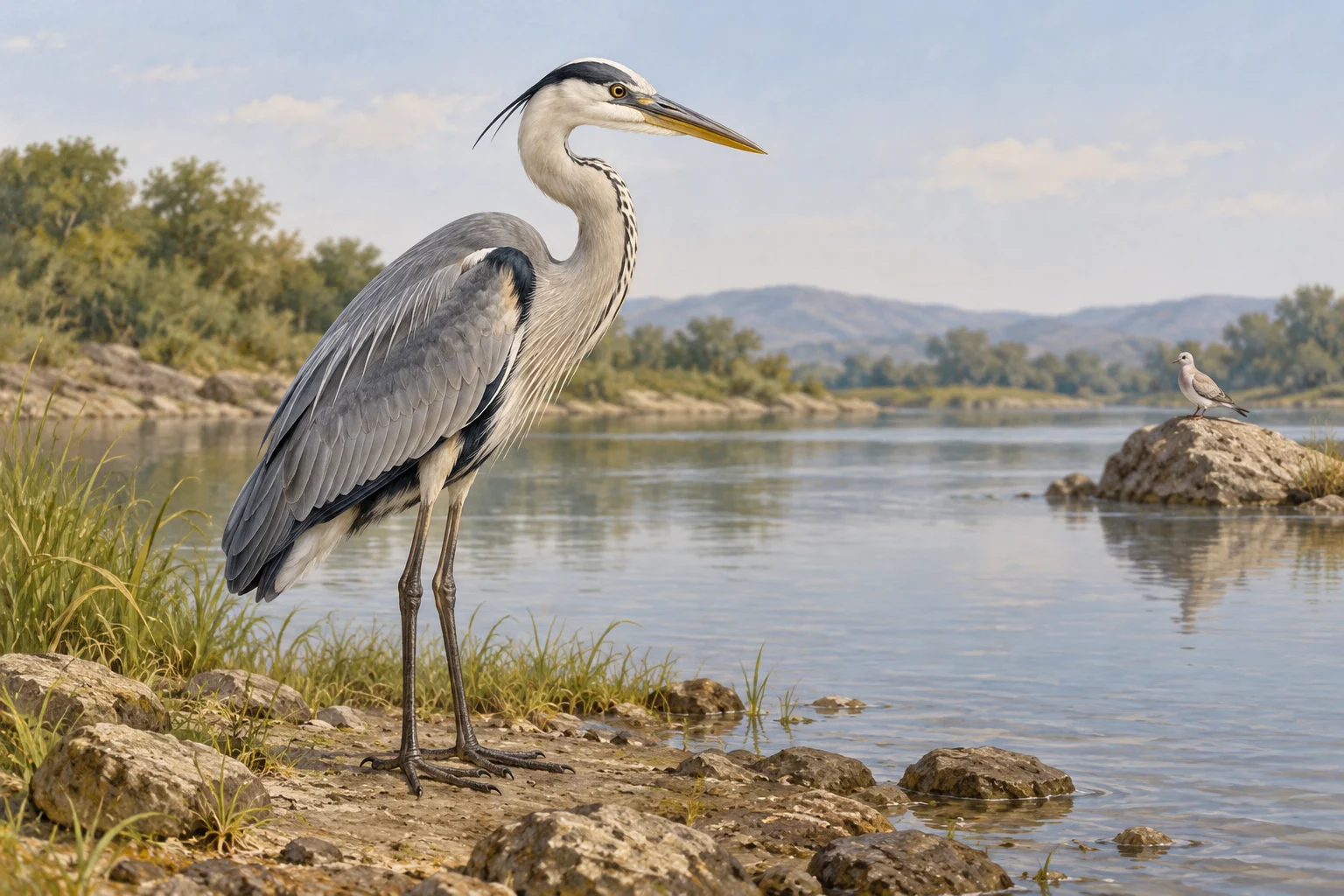 Whole imagined heron with naturally curved neck beside water, with a dove on a distant rock.