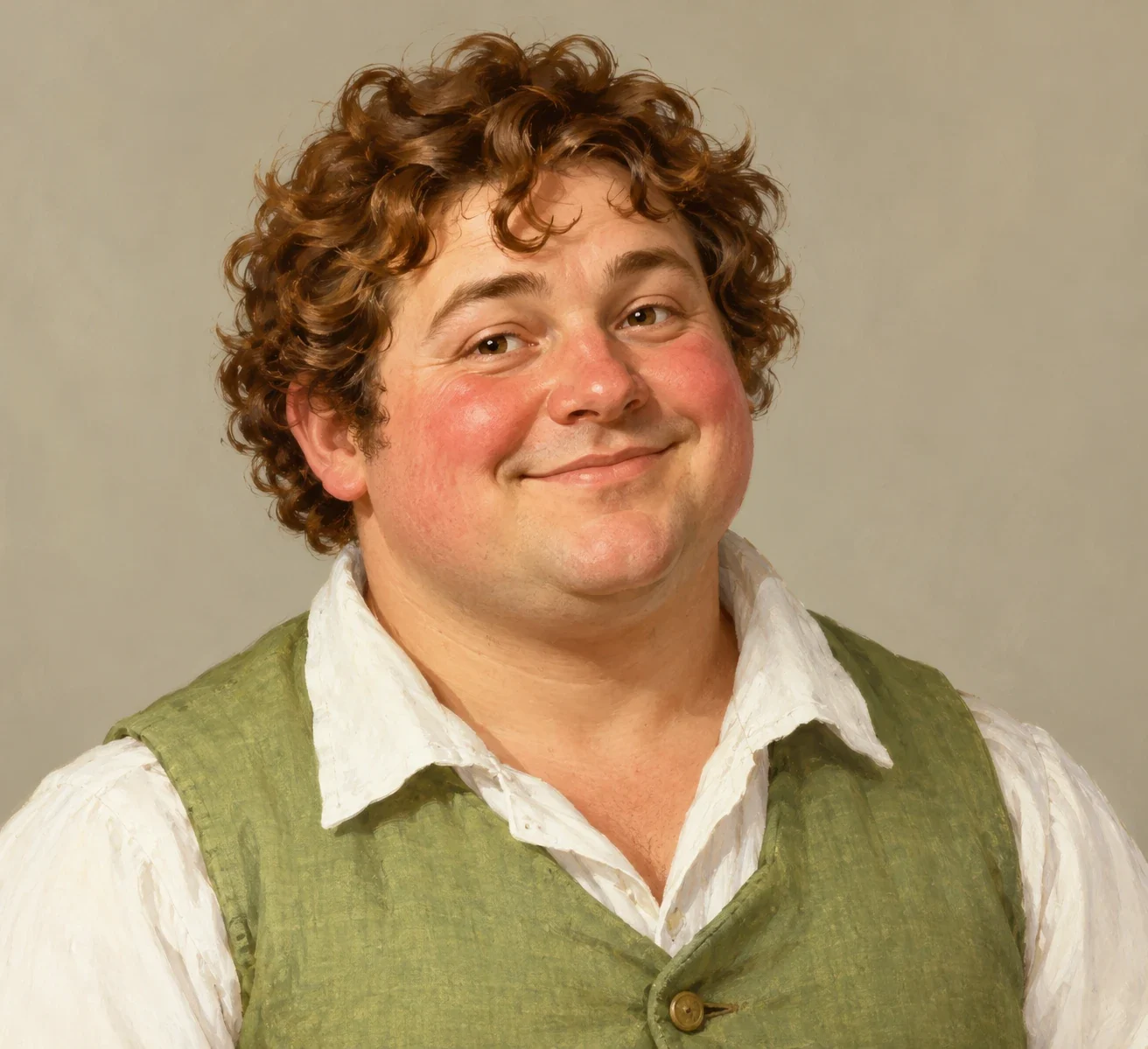 Nob, an illustrated interpretation: round rosy face, curly brown hair, white shirt and light-green waistcoat.