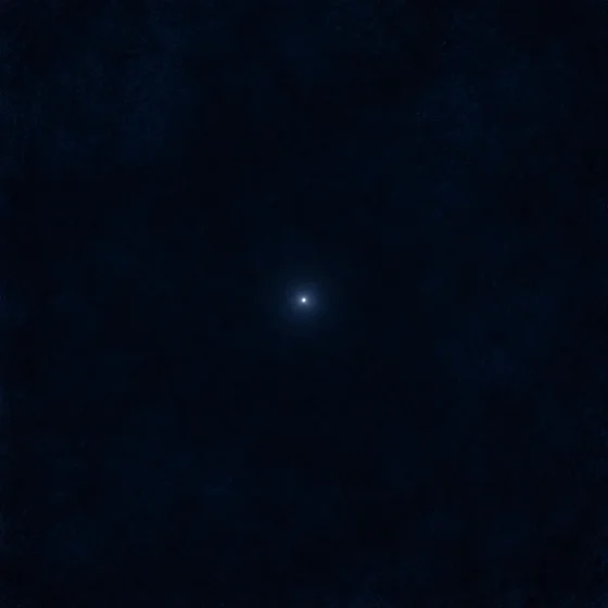 Modern AI explanatory interpretation of the dimensionless Monarch of Pointland as a solitary luminous dot. Visible diameter, glow, colour and empty surrounding field are invented explanatory conventions, not a spherical body.