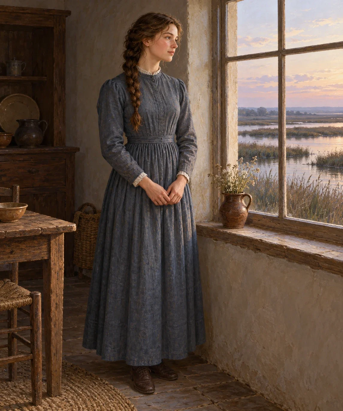 AI interpretation of Mary Jane Rush in her clothed human form, with braided hair beside a farmhouse window.