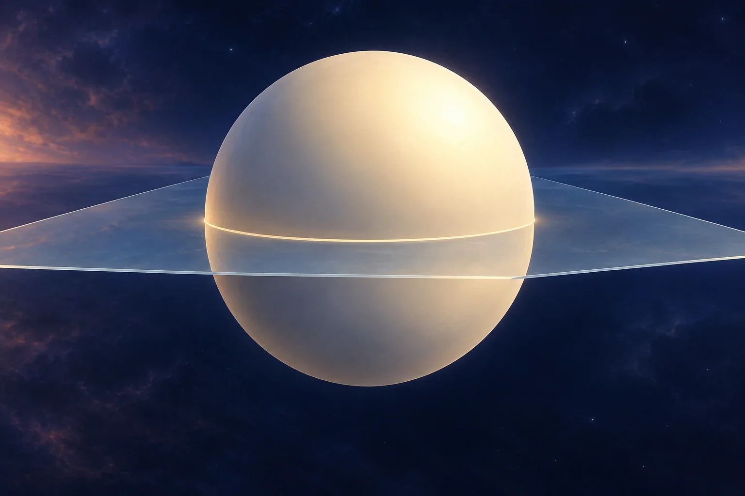 Modern AI explanatory interpretation of the Sphere intersecting a plane at a circular equator, with upper and lower hemispheres visible from an imagined external viewpoint. Colours and setting are editorial inventions, not native Flatland perception.
