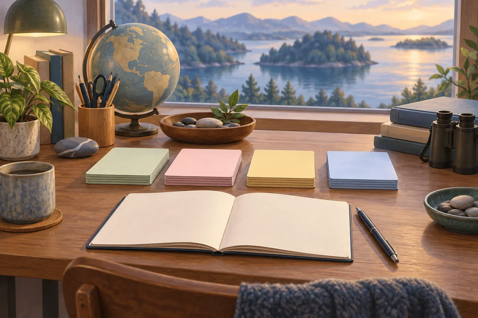 Imagined Zay documentation table with blank clause cards and lake backdrop
