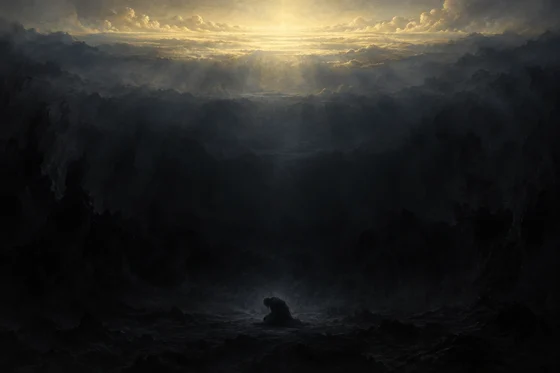 Small indistinct kneeling shadow-form in a symbolic dark abyss beneath distant light