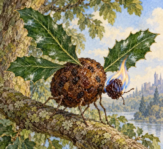 Unofficial AI interpretation of Carroll’s Snap-dragon-fly: plum-pudding body, holly-leaf wings and raisin head burning in brandy. Limbs, wing arrangement, scale, pose, branch and woodland are imagined.