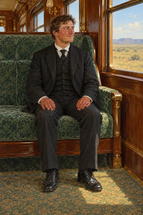 AI interpretation of Jack Potter in new black wedding clothes, seated with both hands on his knees during the train journey.
