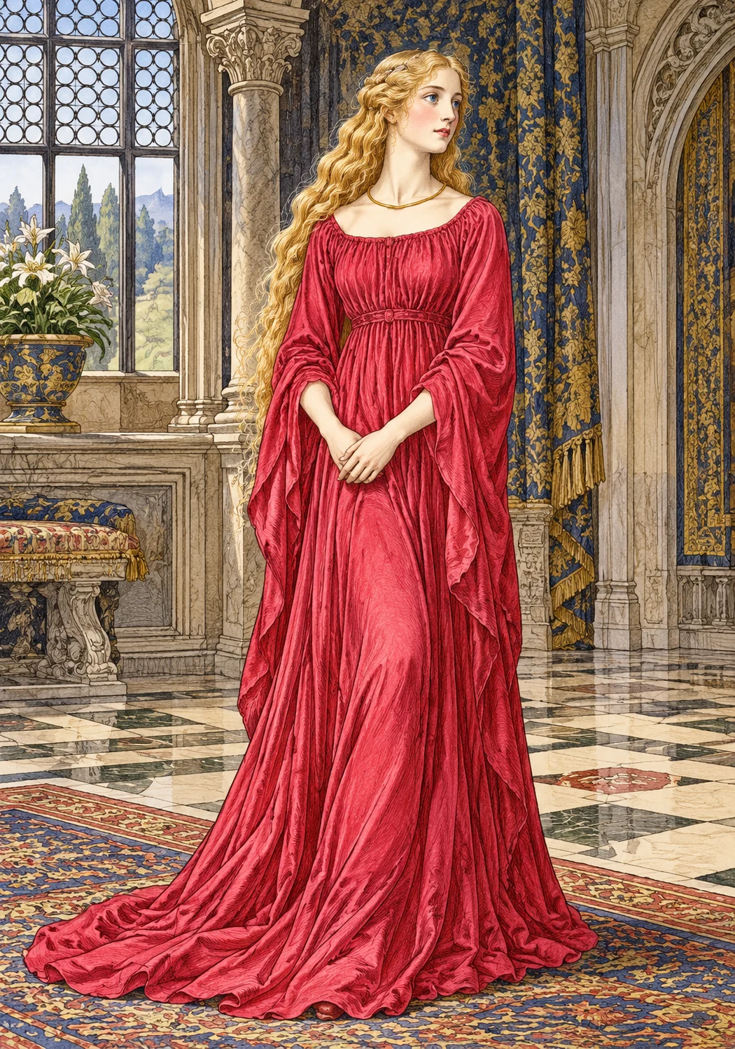 Fiorimonde in a red gown and bare gold cord.