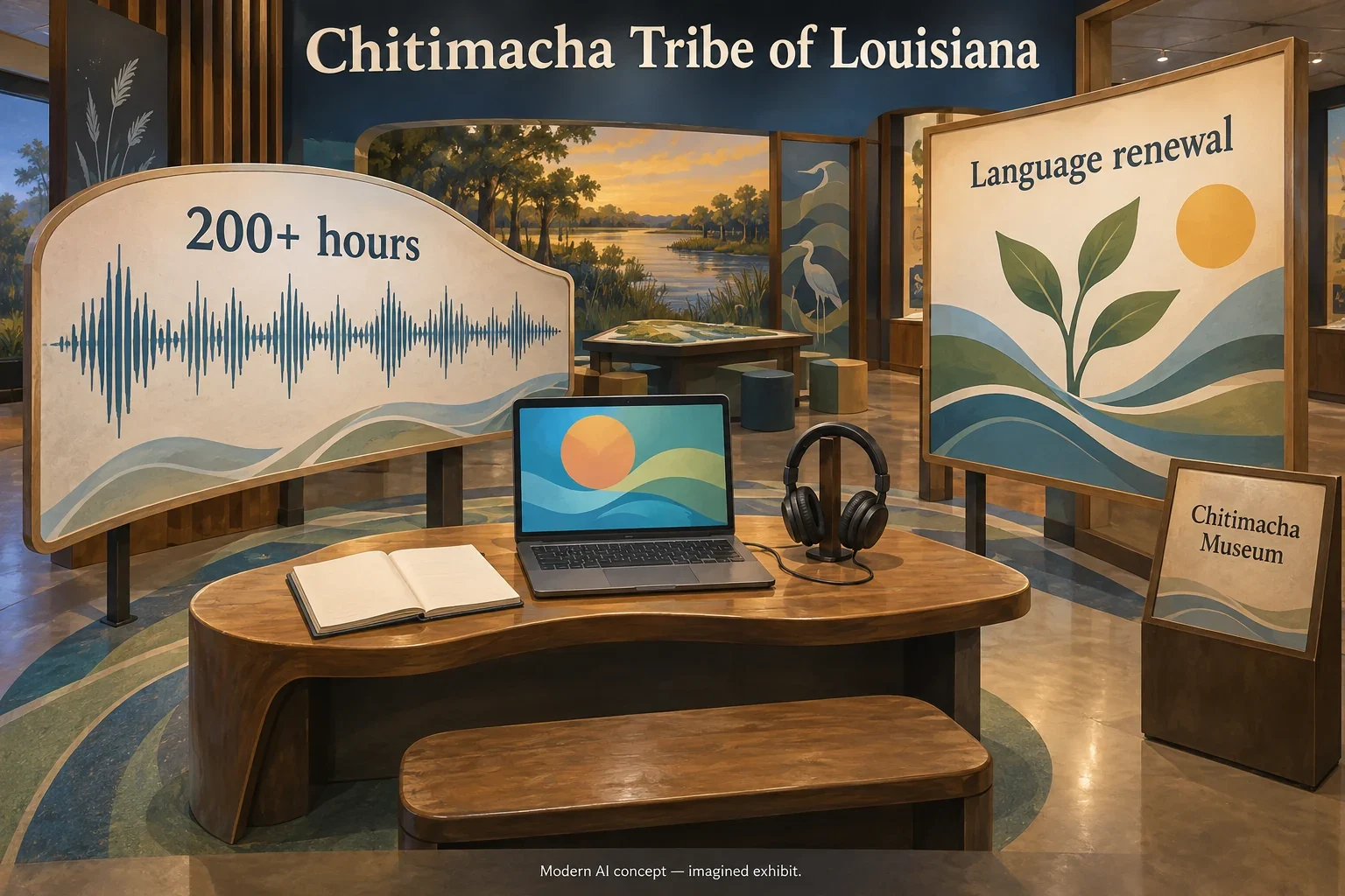 AI concept linking Chitimacha recordings, language learning and museum work.