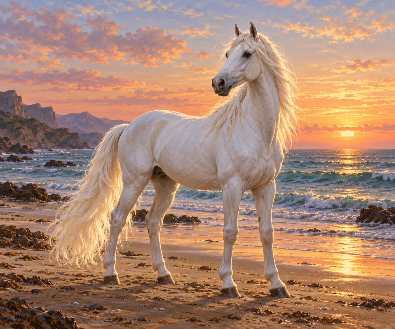 The snow-white Meerross at the sea shore; horse anatomy and coastal staging interpreted from the tale.