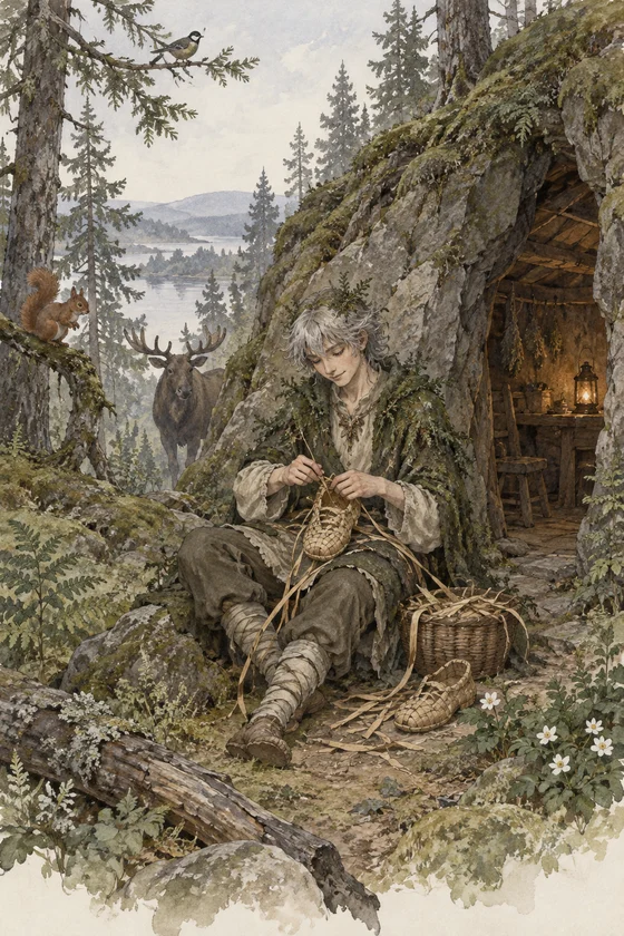 An imagined forest being in humanlike guise sits among roots near a woodland shelter.
