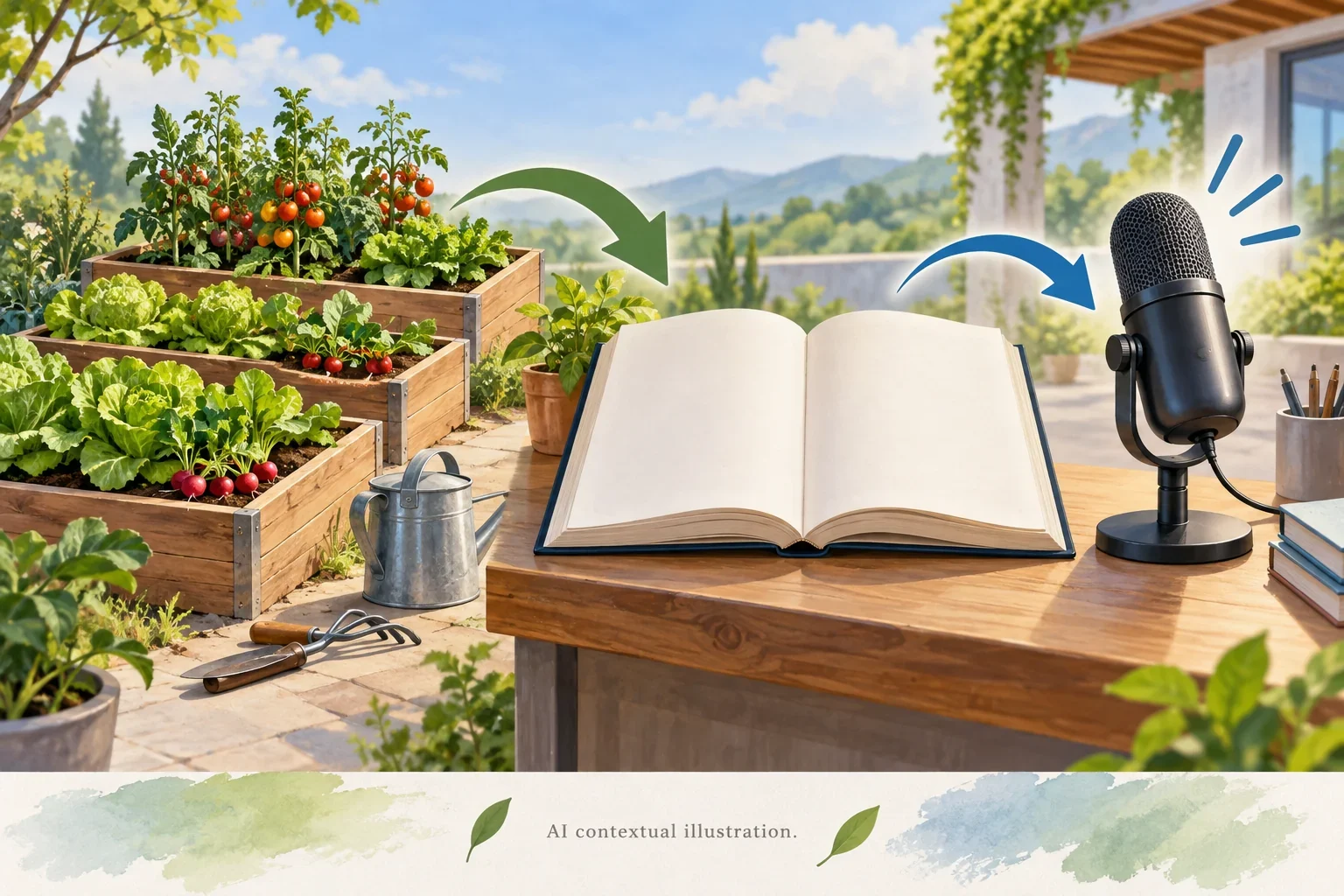 Imagined agricultural beds beside dictionary and audio documentation tools.