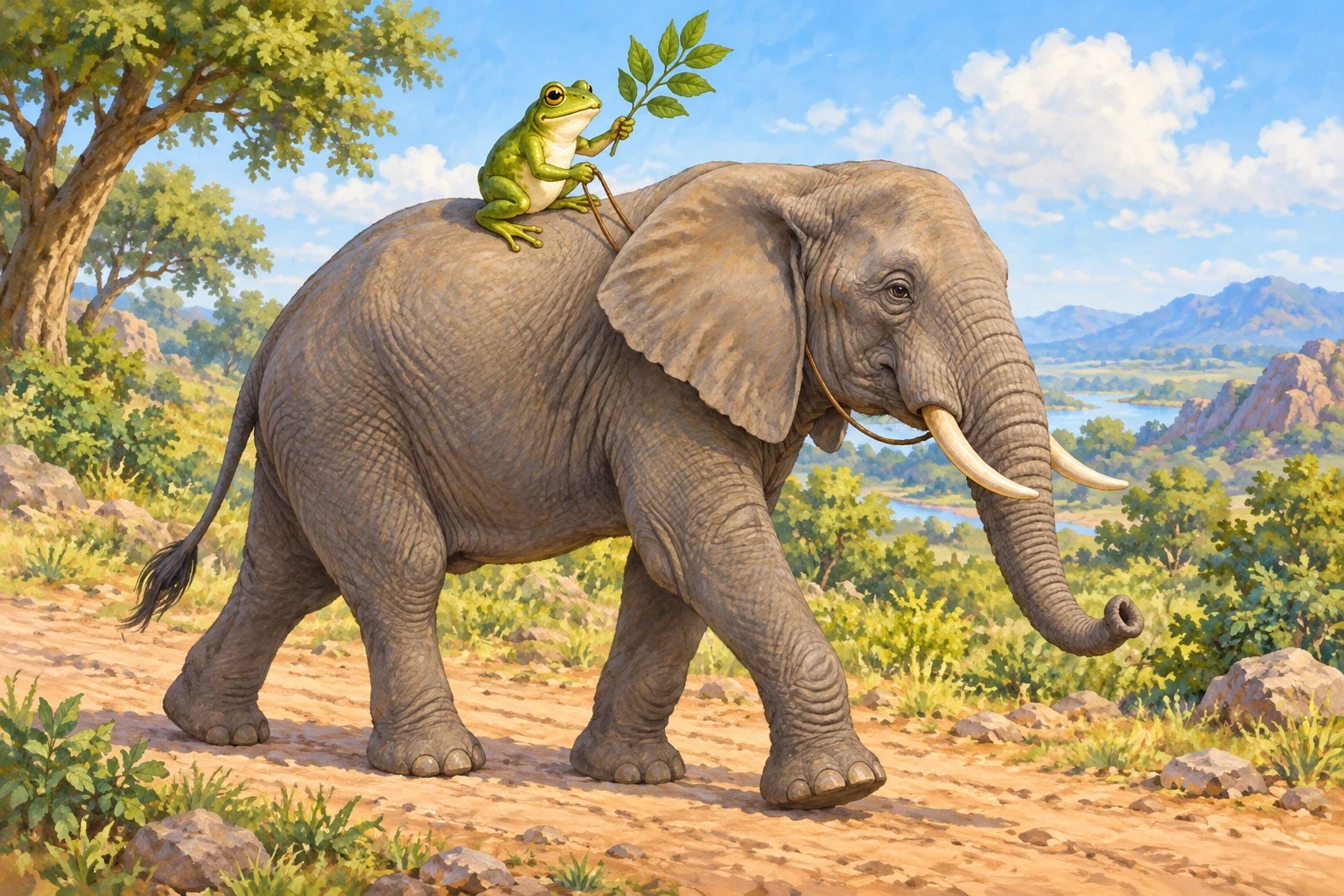 A frog rides an elephant with a leafy twig and loose cords visible beneath the jaw.
