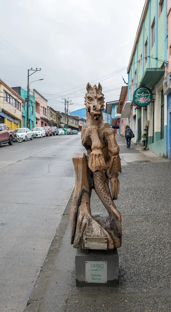 Caballo Marino municipal wood carving in Castro, Chiloe