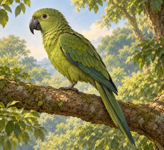 Complete imagined parrot perched on one foot with the other tucked beneath its feathers.