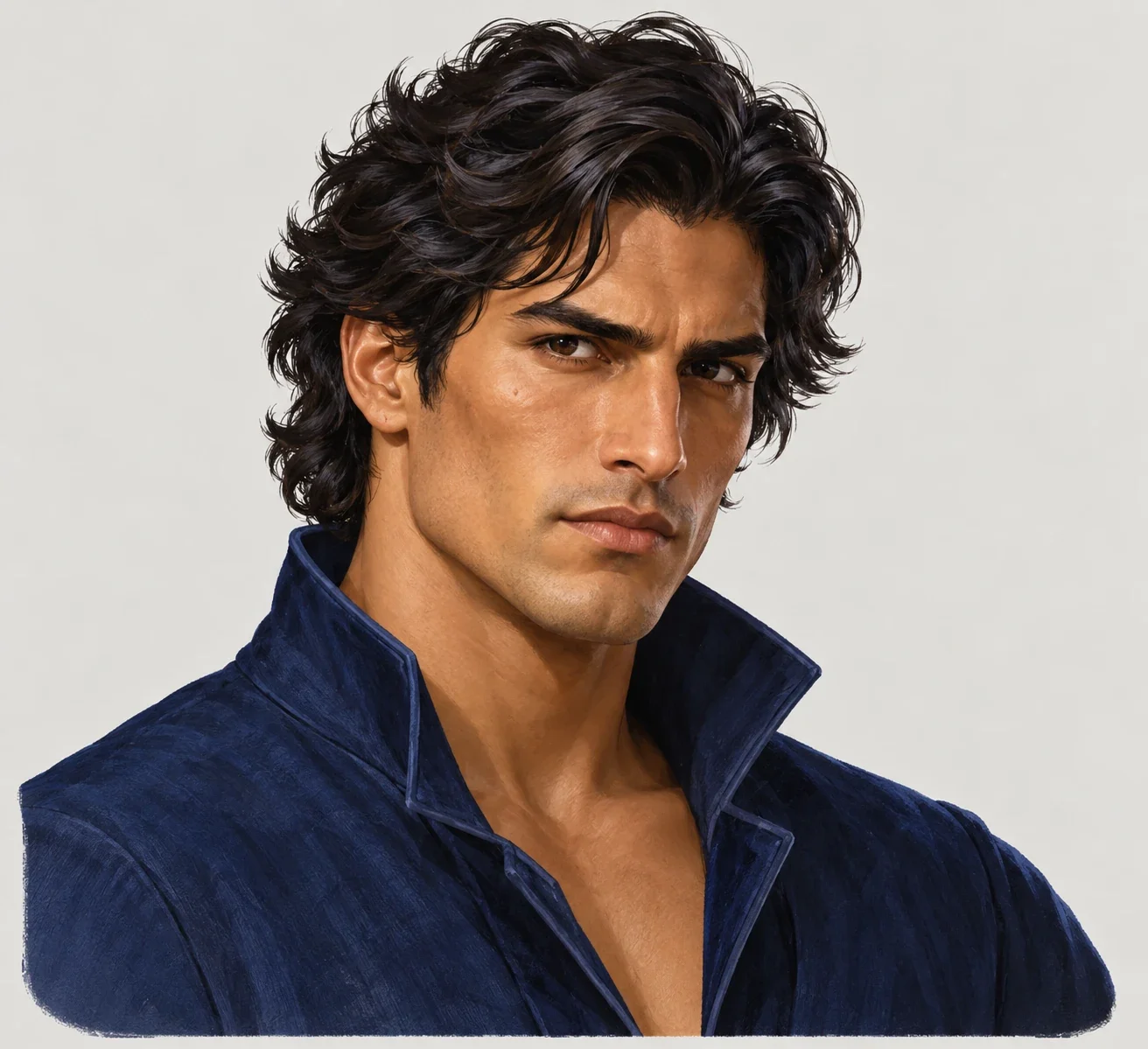 Al-Cid: thick wavy dark hair, tan skin, angular face, open dark-blue collared jacket.