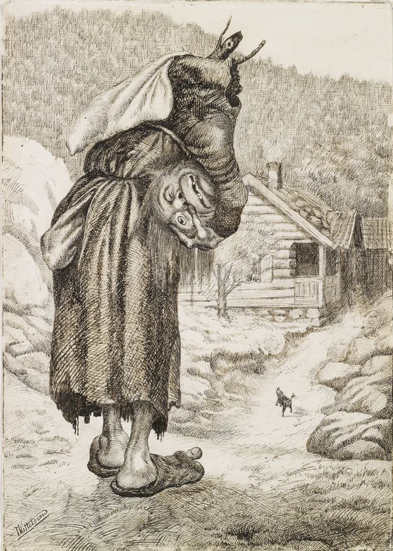 Kittelsen’s towering hag carries her detached head beneath one arm and a large sack on her back while approaching a cottage; a small barking dog stands on the path.