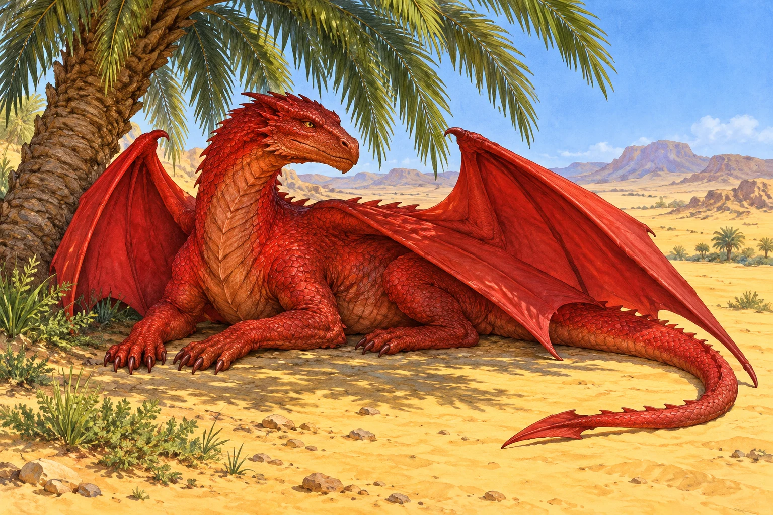 A red dragon with scarlet wings and red claws rests in a palm tree’s shade on yellow desert ground.
