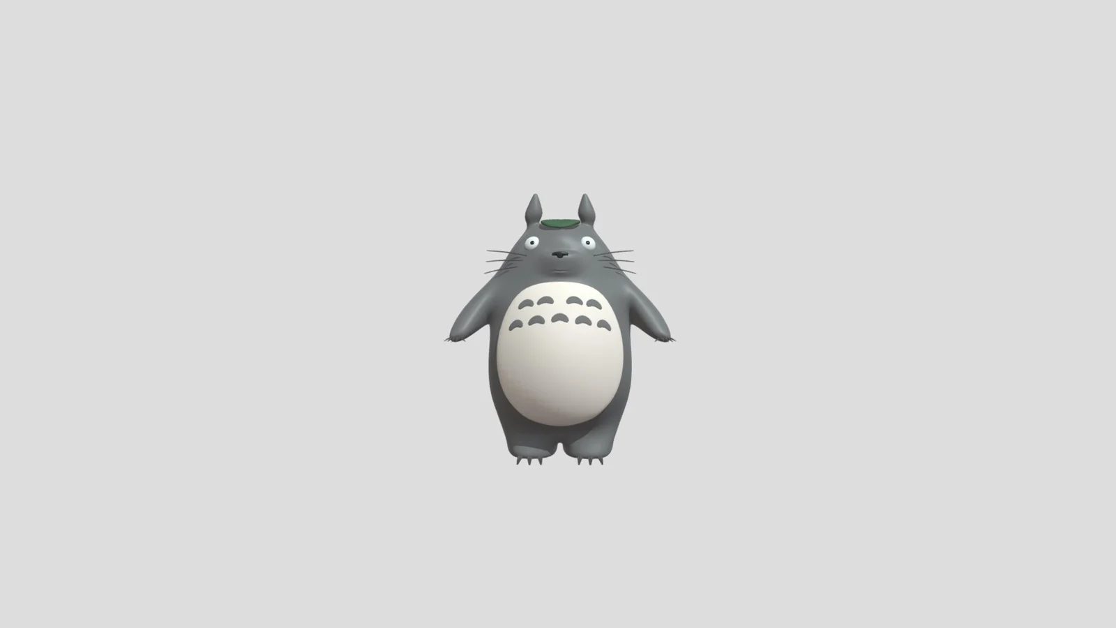 mich95’s Totoro fan model rendered front-on against pale grey, with pointed ears, whiskers, a green leaf on its head and dark arch markings across a pale rounded belly.