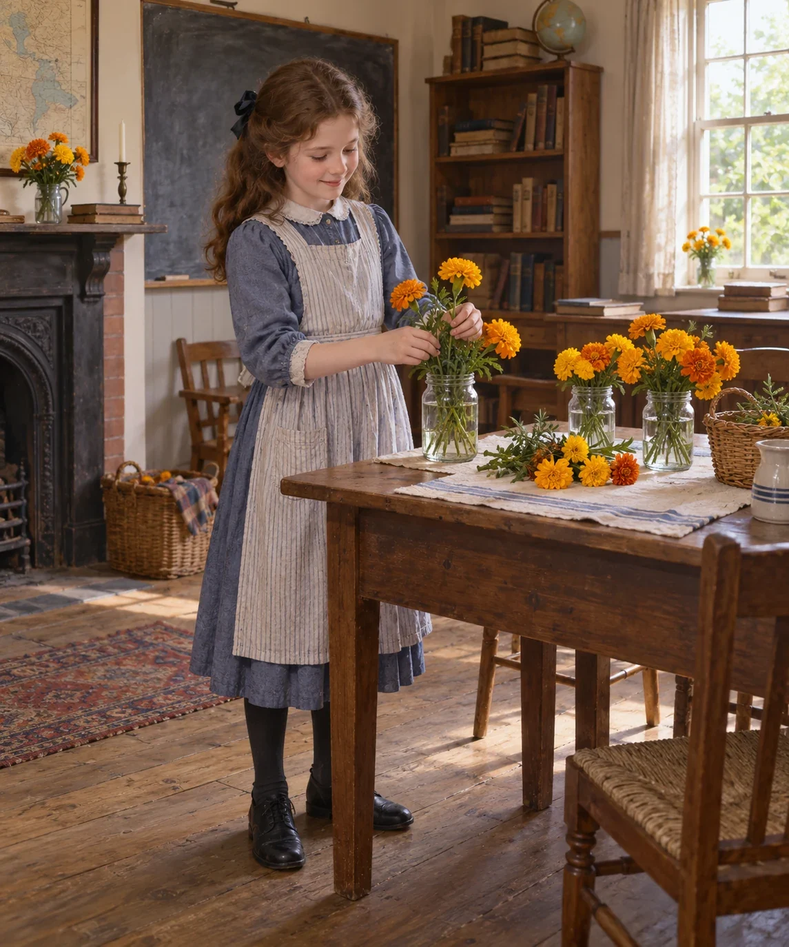 Imagined Kathleen places marigold stems in reused jam jars beside a school-room table.