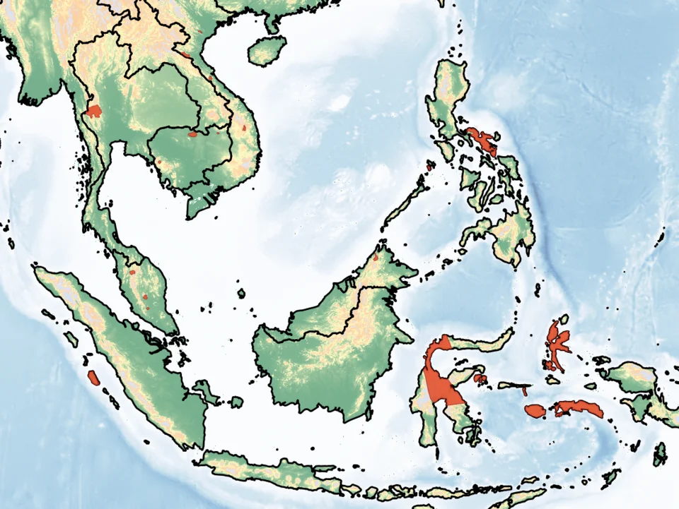 Distribution of Myotis ater. Red - Extant (resident).