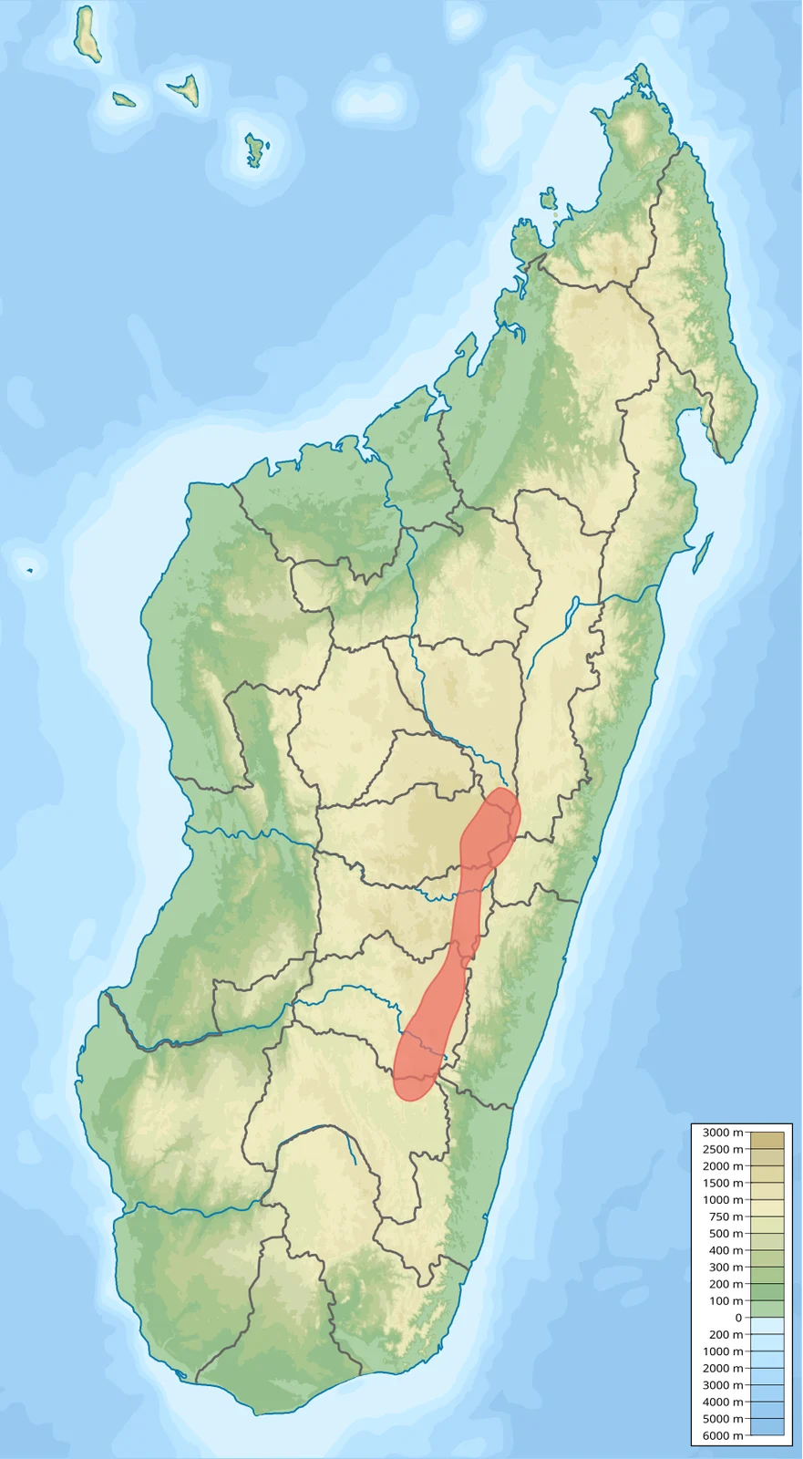 Approximate range of Boophis popi based on:
https://www.iucnredlist.org/species/49543547/49543610
http://www.mvences.de/p/p1/Vences_A222.pdf
The approximate range is shown in red on a relief map of Madagascar.