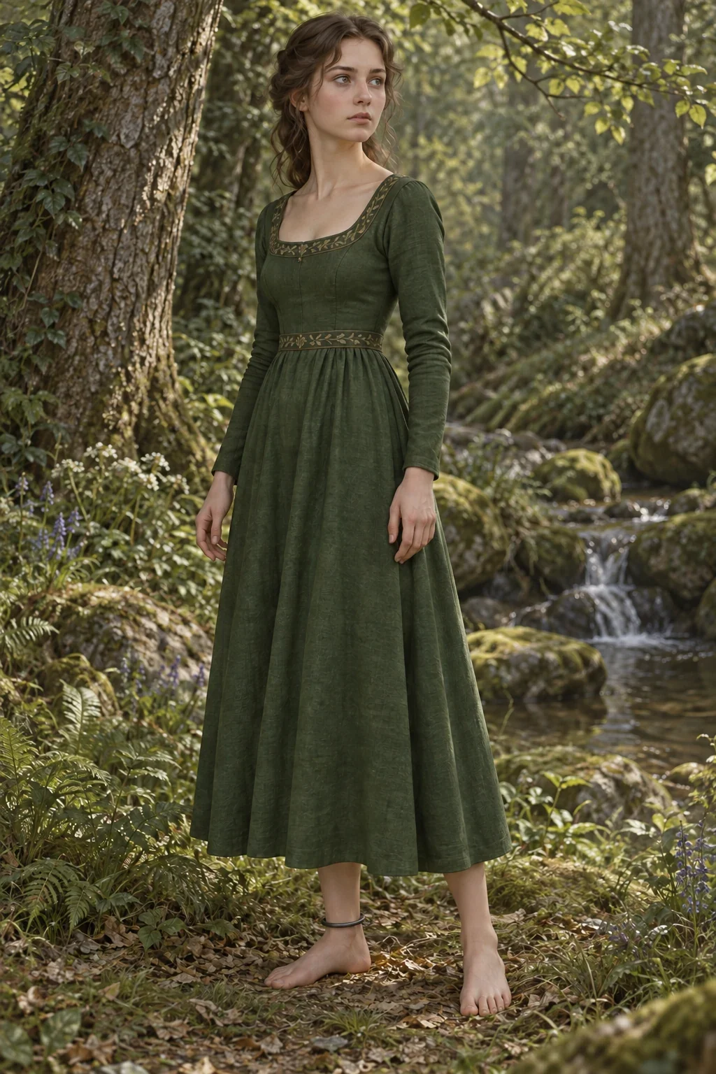 Modern AI interpretation of the Maid during captivity; her described gown and right-ankle ring are retained, while face and woodland setting are imagined.