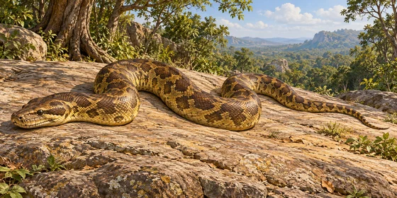 A long brown-and-yellow mottled python rests with its entire body and tail visible on a rocky ledge.