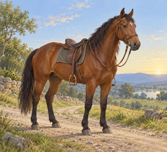 A brown saddled and bridled horse stands beside a rural path.