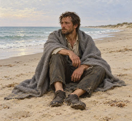 AI interpretation of Crane's injured captain resting onshore after the rescue, with a loosely wrapped blanket.