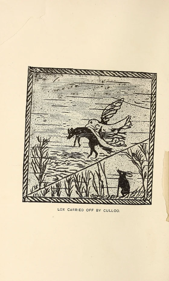 Culloo carrying Lox above the forest, after Tomah Joseph’s birchbark design