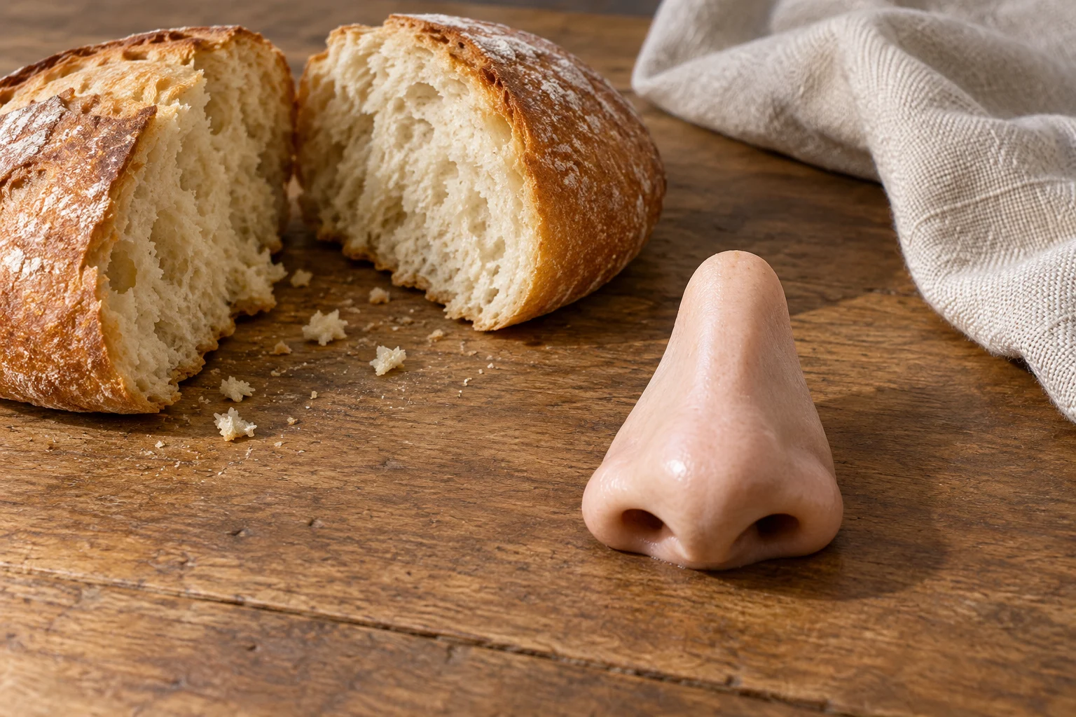 An intact whitish nose resting beside a halved bread loaf in an interpretive still life.