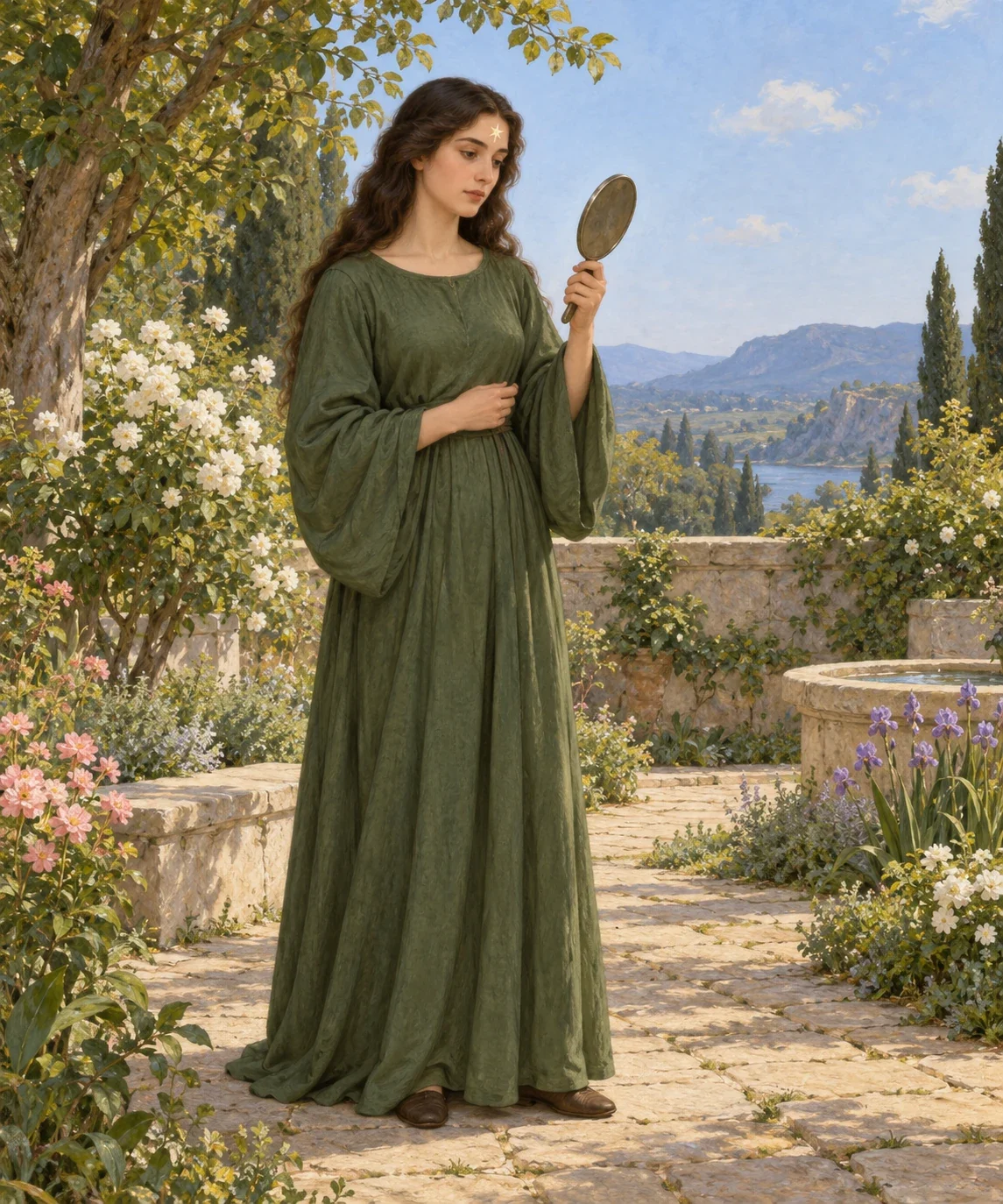 A star-marked woman in a green gown looks into a handheld mirror in a garden.