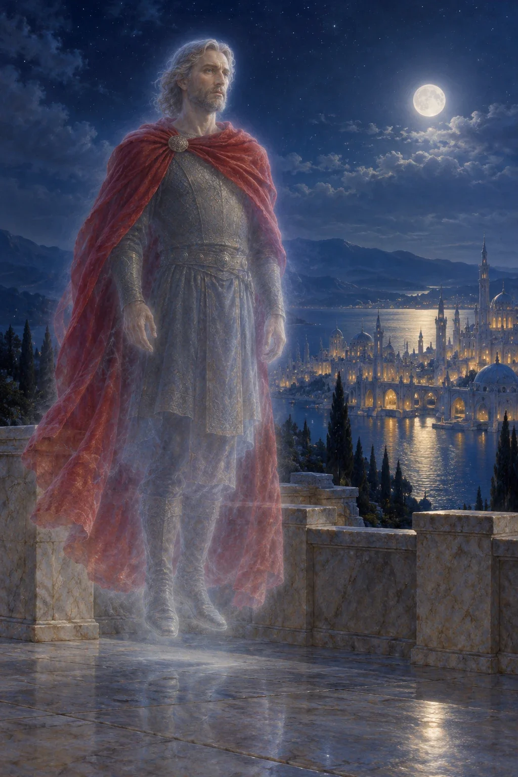 AI interpretation of Welleran's returning ghost with empty hands and a remembered red cloak above Merimna.