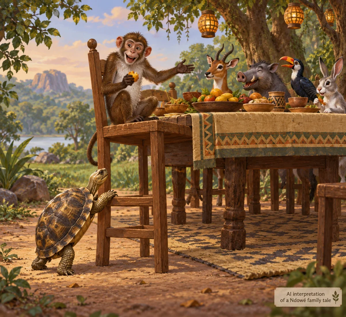 AI interpretation of the feast. Animals and furniture imagined.