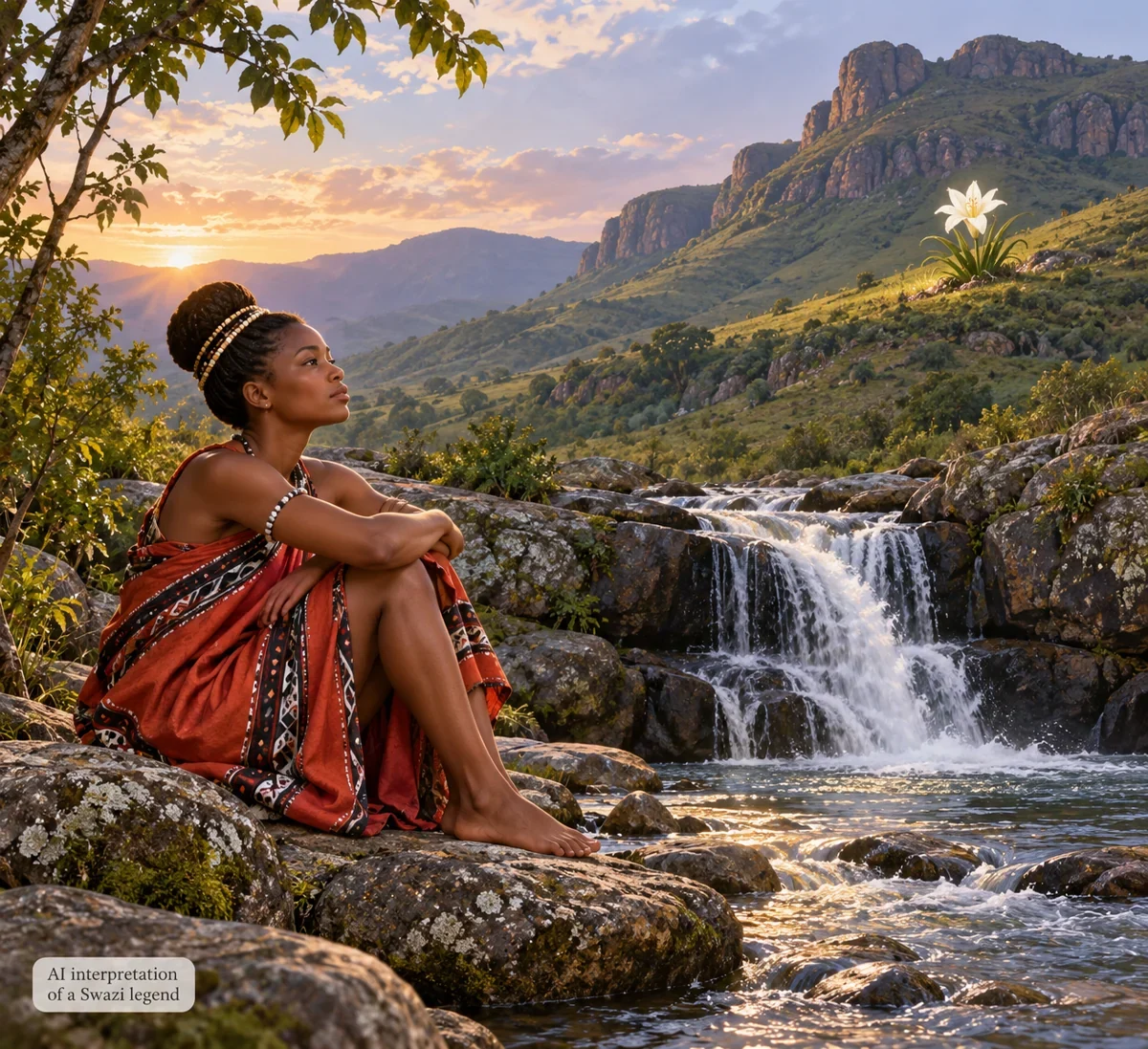 AI interpretation of Phophonyane’s legend. Figure, flower and landscape imagined.