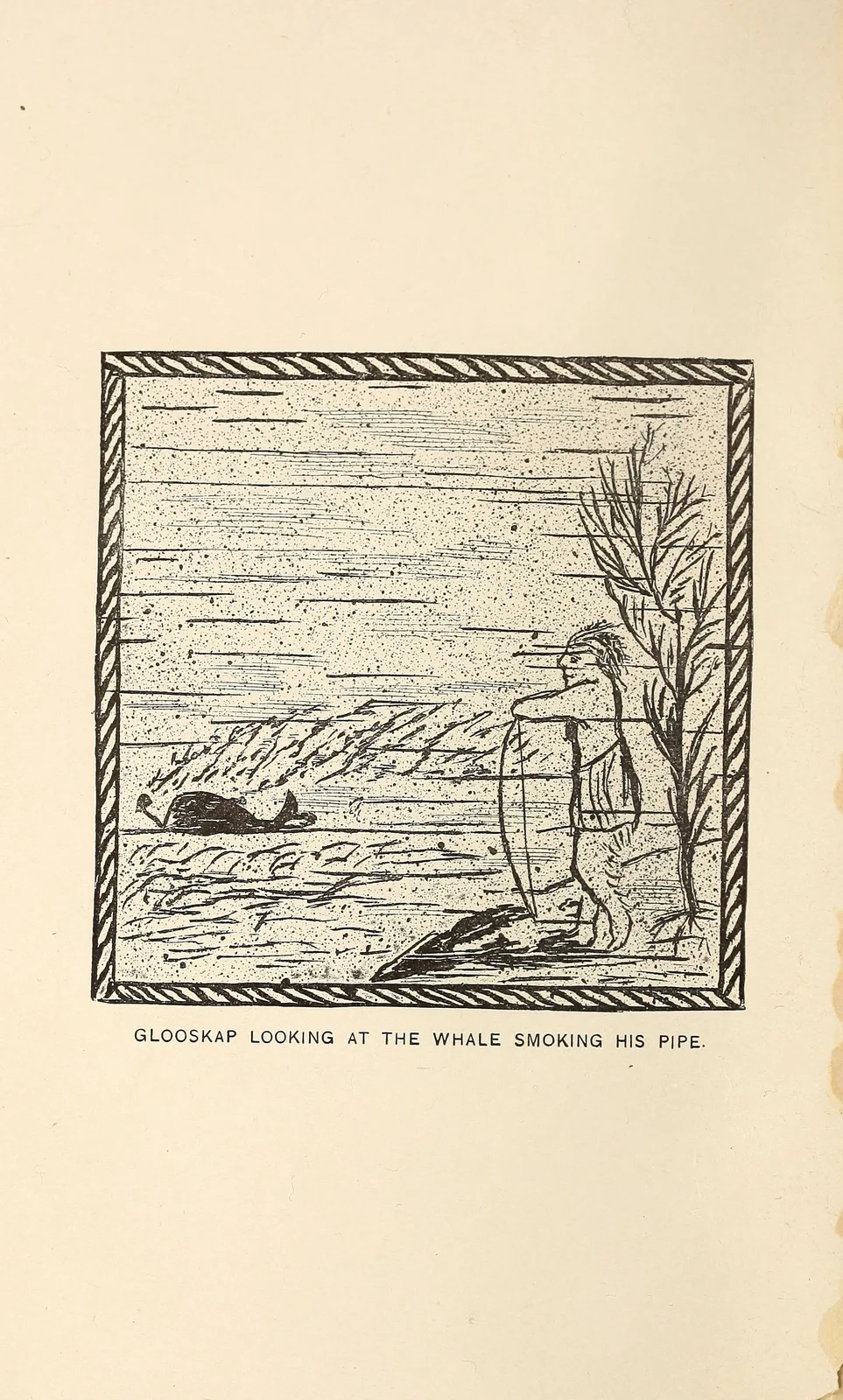 Bootup smoking the pipe given by Glooskap, after Tomah Joseph’s birchbark design