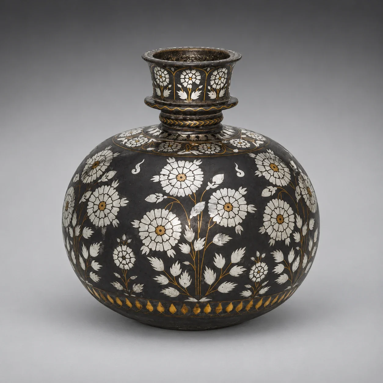 Dark Bidri hookah bowl with floral metal inlay.