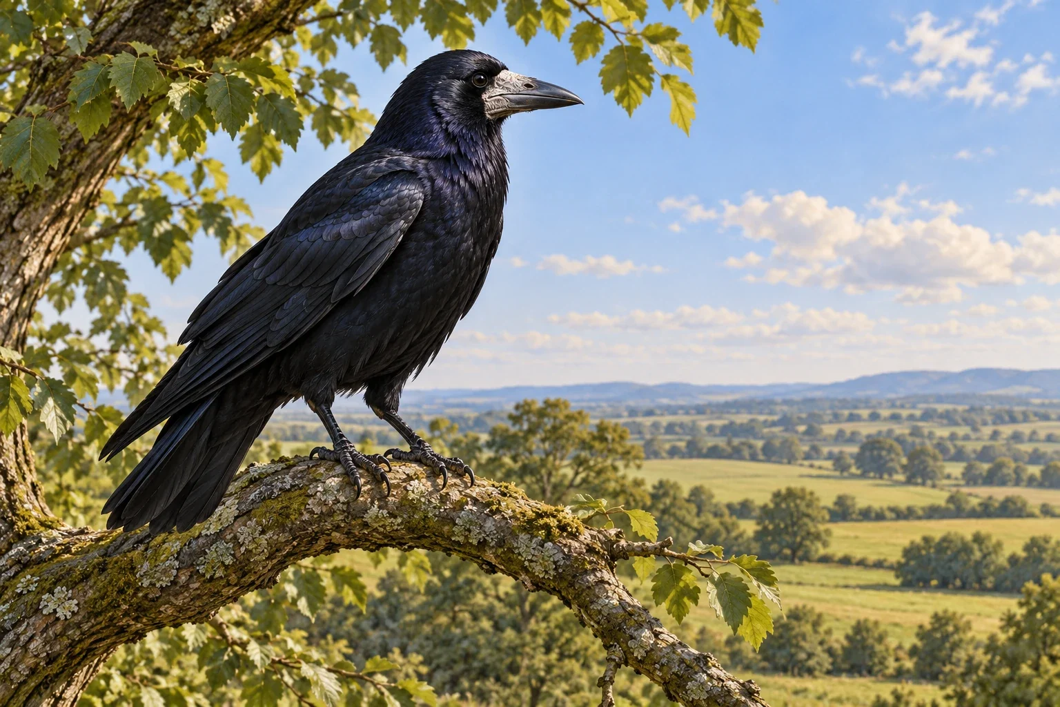 A glossy black rook with a pale beak base perches on an leafy branch above open fields.