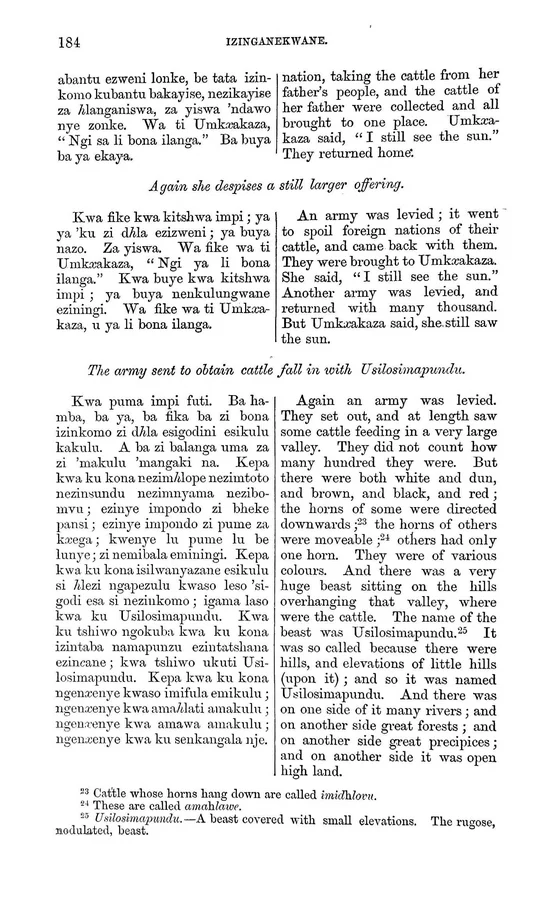 Usilosimapundu: documentary text witness, Callaway 1868, printed page 184; documentary source-page facsimile