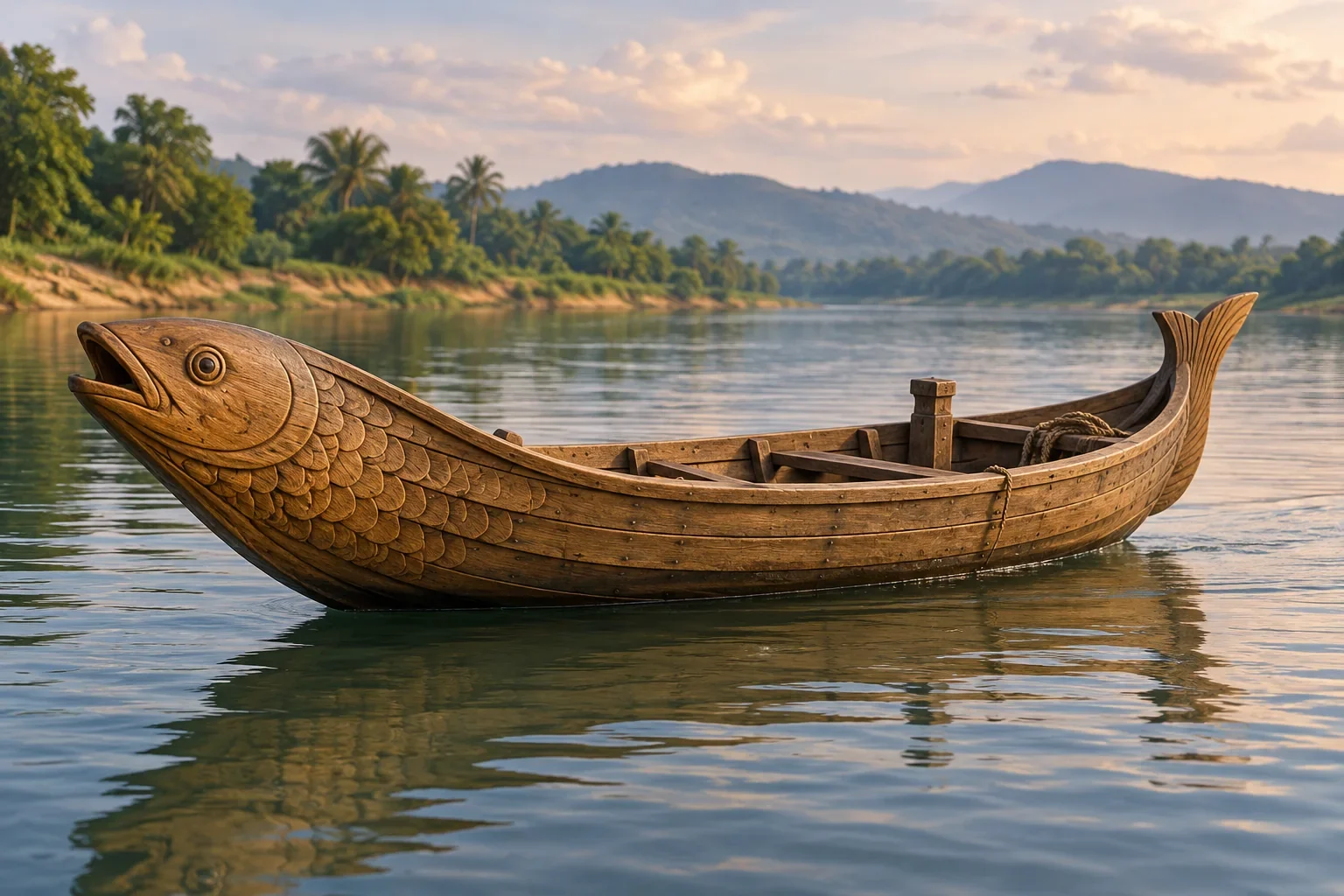 Imagined hypothetical wooden fish-shaped boat