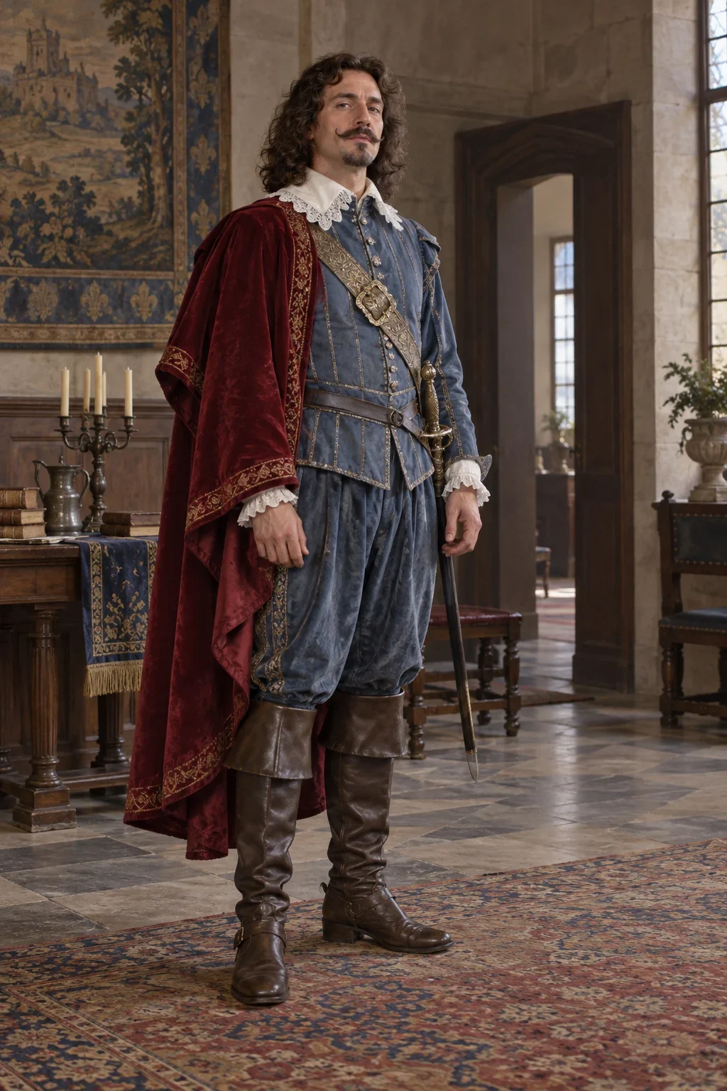 Imagined Porthos in a quiet full-body first-novel portrait.