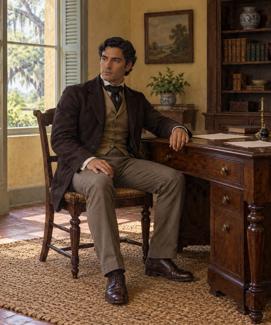 AI literary interpretation of Armand Aubigny seated in his study, with visible empty hands and ordinary civilian clothing.
