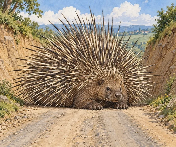 Unofficial AI interpretation of Baum’s Chiss blocking a road before firing its quills. Porcupine-like face, feet, colour, lighting and terrain are imagined; the book describes its huge body and arrow-like quill spread.
