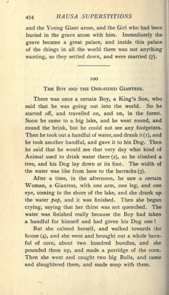 One-sided Giantess in the Hausa Lake Tale:1913 documentary text page454; documentary source-page facsimile