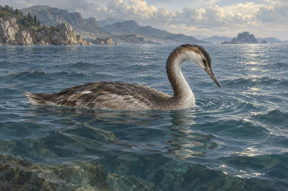 A long-necked grey-brown bird floats on the sea, with folded legs visible through the water.