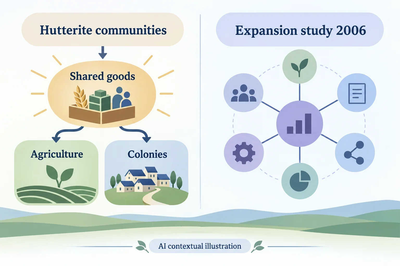 AI diagram of Hutterite communal organization and dated colony-expansion research