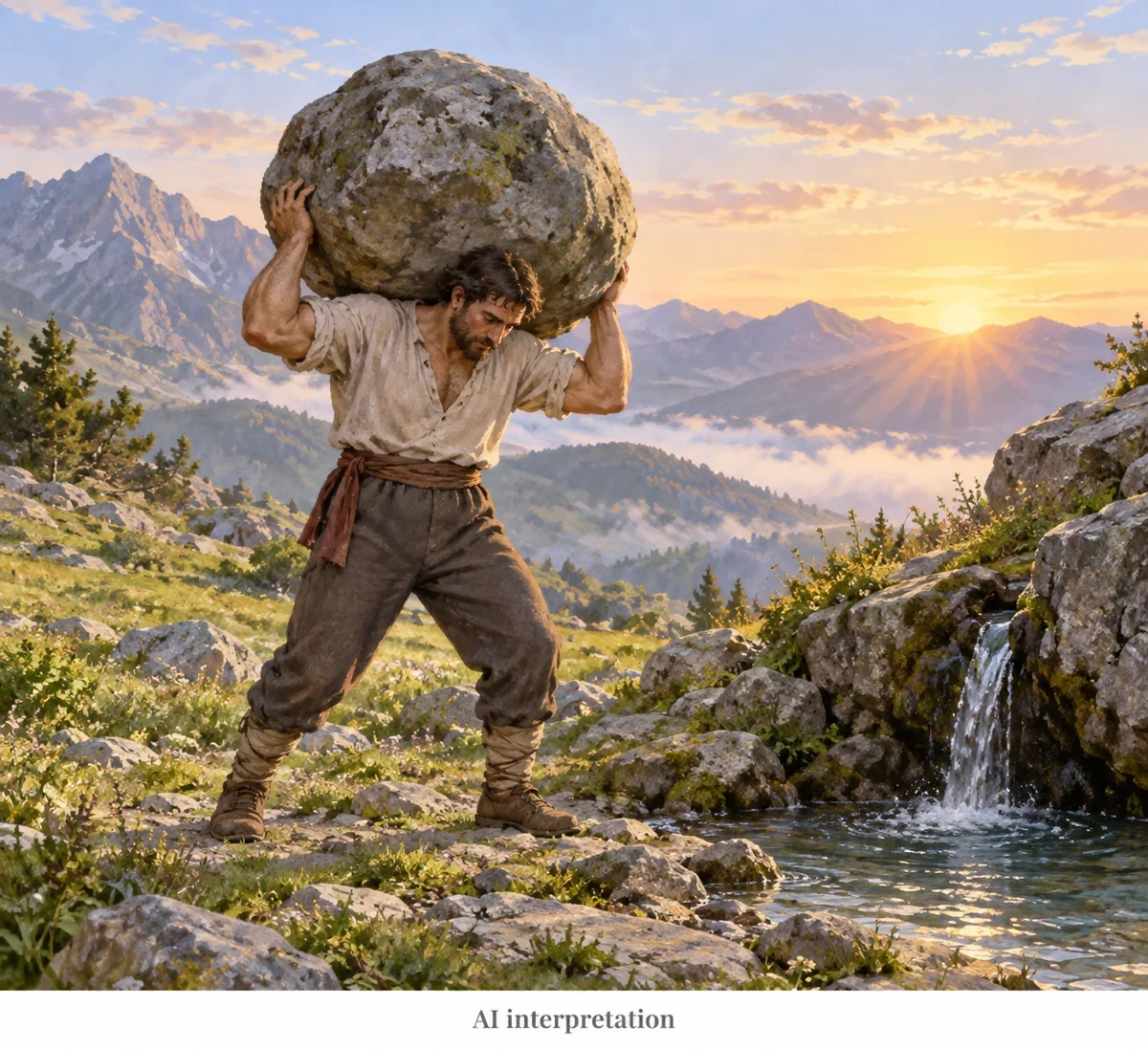 AI interpretation of Mujo’s morning strength test. Body, clothes and boulder imagined; no cultural portrait.